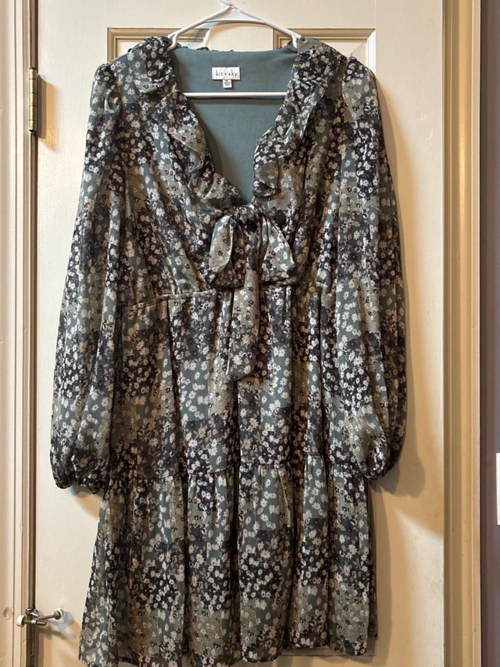 Kitsch Olive Floral Ruffle Tie-Neck Long Sleeve Dress